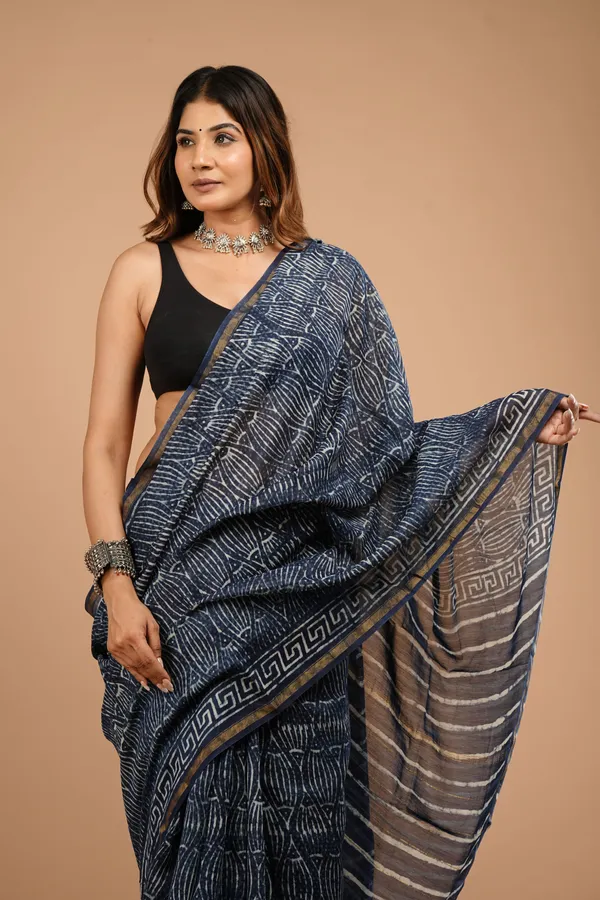 Indigo_Chanderi_Silk_Premium_Saree_With_Unstitched_Blouse_For_Women
