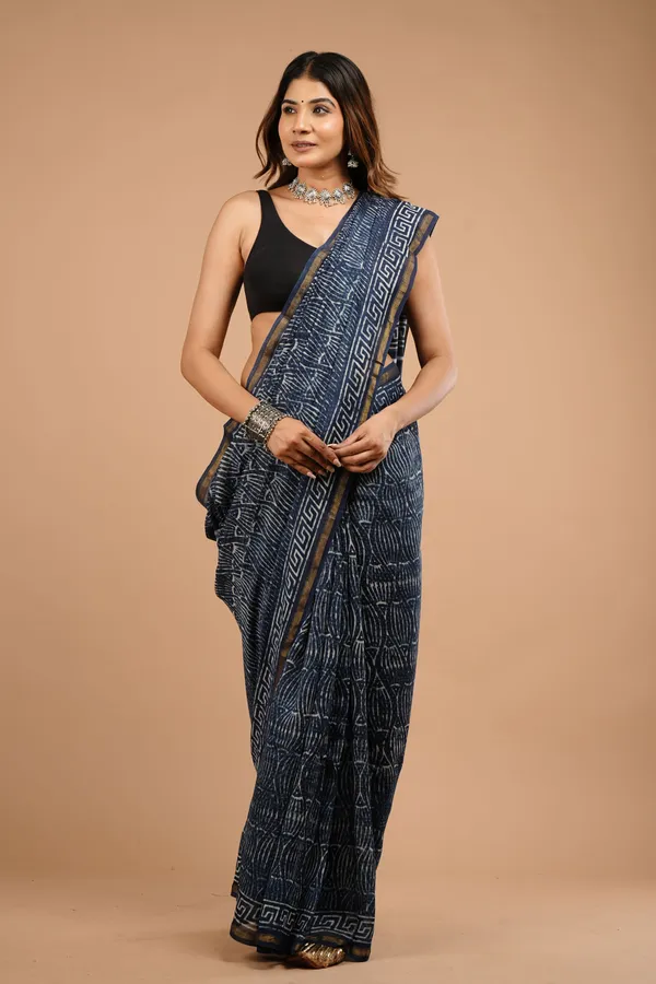 Indigo_Chanderi_Silk_Premium_Saree_With_Unstitched_Blouse_For_Women