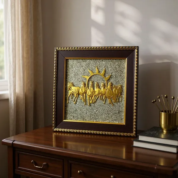 Golden_7_Running_Horses_On_Raw_Pyrite_With_Rising_Sun_Frame_Symbol_Of_Speed,_Strength,_Success,_Prosperity_&_Victory_For_Home_And_Office_Decor