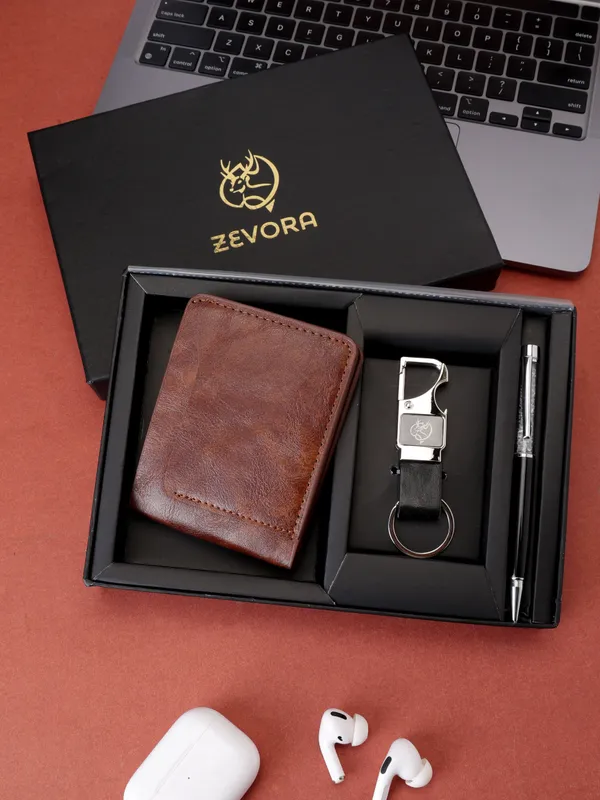 Tan_Genuine_Leather_Wallet_Key_Chain_And_Pen_For_Men