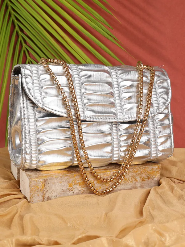 Silver_Genuine_Leather_Magnetic_Snap_Shoulder_Bag_For_Women