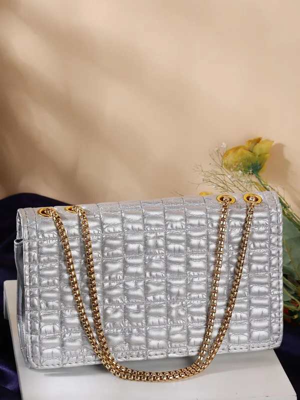 Silver_Genuine_Leather_Magnetic_Snap_Shoulder_Bag_For_Women
