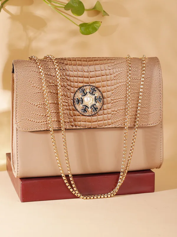 Beige_Pu_Magnetic_Snap_Shoulder_Bag_For_Girls