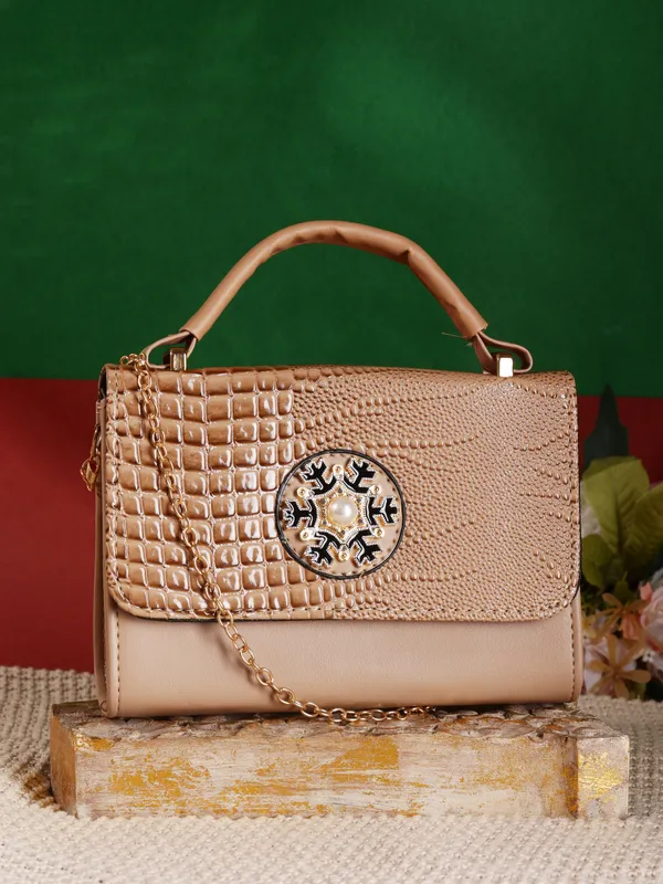 Beige_Pu_Magnetic_Snap_Shoulder_Bag_For_Women
