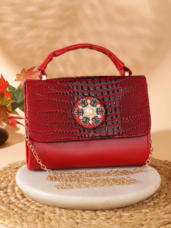 Red_Pu_Magnetic_Snap_Shoulder_Bag_For_Women