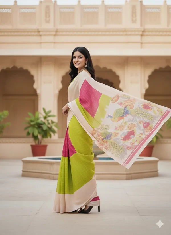 Multicolor_Pure_Silk_Premium_Printed_And_Floral_Print_And_Checkered_And_Paisley_Bollywood_Saree_For_Women