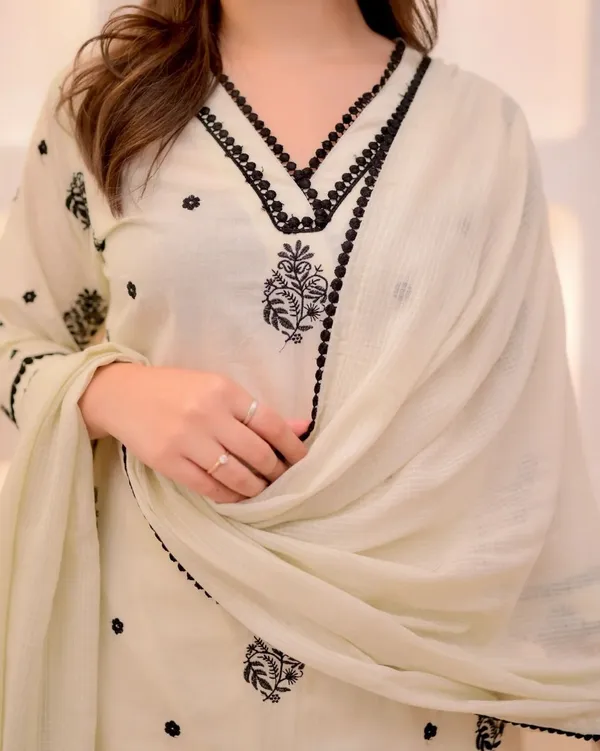 Black_And_White_Georgette_Premium_Embroidered_Kurta_Palazzo_Dupatta_Set_For_Women