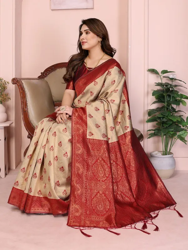 Cream_And_Maroon_Art_Silk_Premium_Woven_And_Dyed_Banarasi_Saree_For_Women