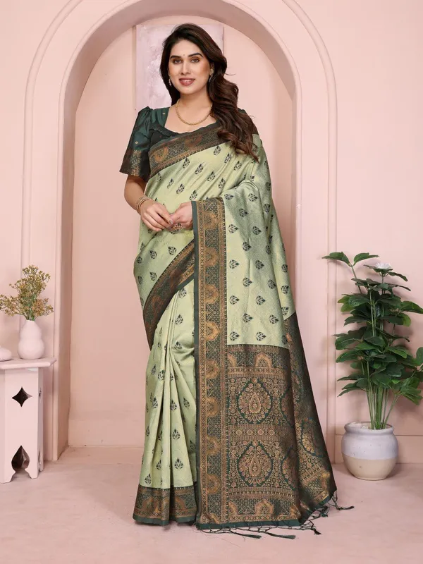 Light_Green_And_Green_Brocade_Premium_Woven_Banarasi_Saree_For_Women