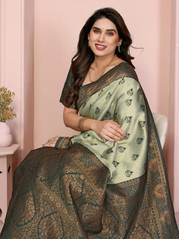 Light_Green_And_Green_Brocade_Premium_Woven_Banarasi_Saree_For_Women