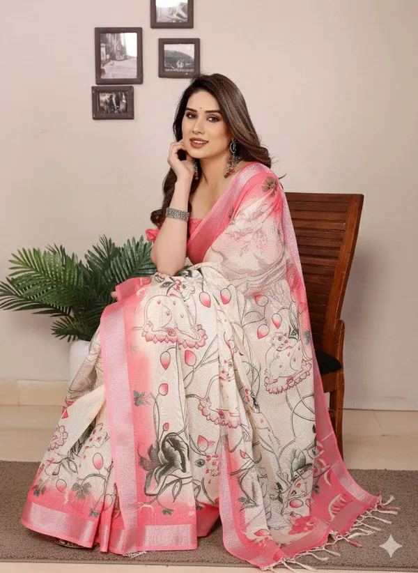 Pink_And_White_Cotton_Linen_Premium_Digital_Print_And_Floral_Print_And_Printed_And_Woven_And_Self_Design_Bollywood_Saree_For_Women