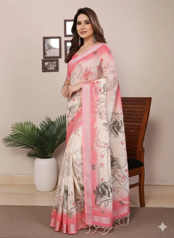 Pink_And_White_Cotton_Linen_Premium_Digital_Print_And_Floral_Print_And_Printed_And_Woven_And_Self_Design_Bollywood_Saree_For_Women