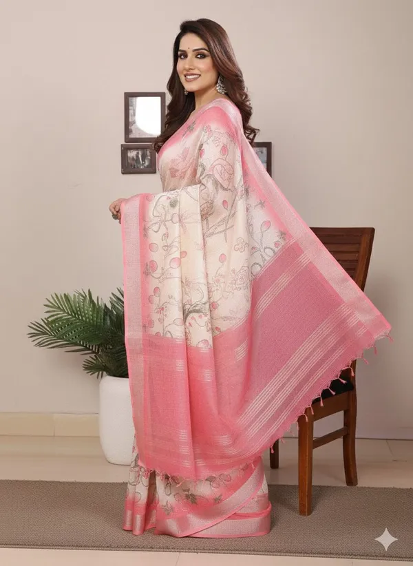 Pink_And_White_Cotton_Linen_Premium_Digital_Print_And_Floral_Print_And_Printed_And_Woven_And_Self_Design_Bollywood_Saree_For_Women