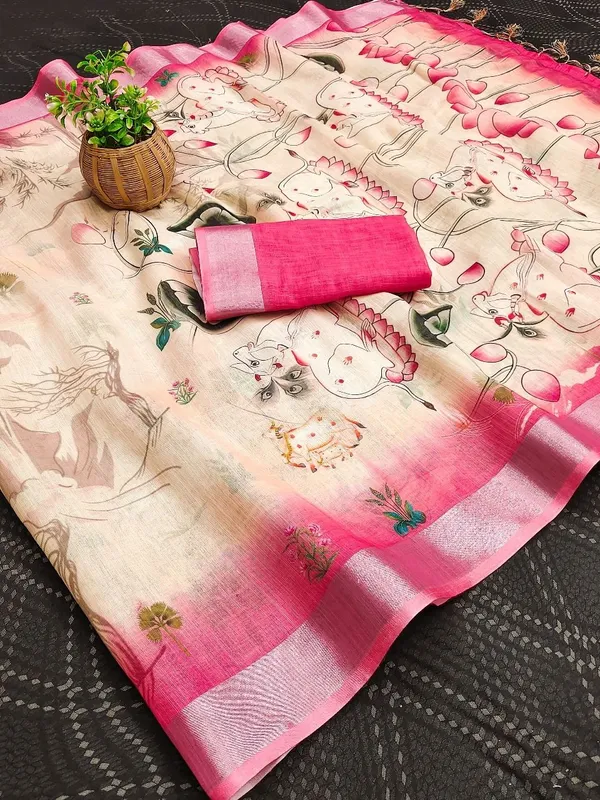 Pink_And_White_Cotton_Linen_Premium_Digital_Print_And_Floral_Print_And_Printed_And_Woven_And_Self_Design_Bollywood_Saree_For_Women