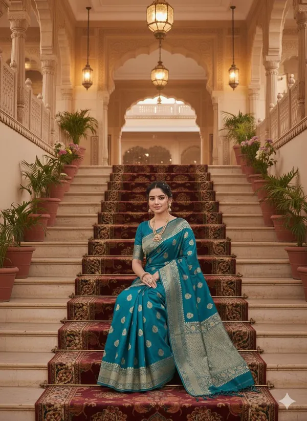 Blue_Brocade_Premium_Woven_And_Floral_Print_And_Self_Design_Banarasi_Saree_For_Women