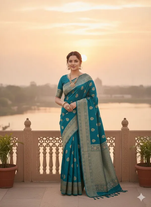 Blue_Brocade_Premium_Woven_And_Floral_Print_And_Self_Design_Banarasi_Saree_For_Women