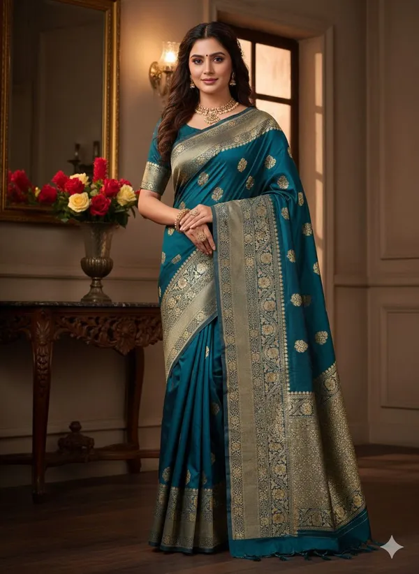 Blue_Brocade_Premium_Woven_And_Floral_Print_And_Self_Design_Banarasi_Saree_For_Women