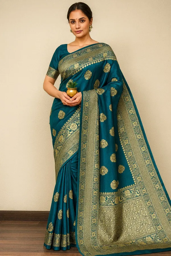 Blue_Brocade_Premium_Woven_And_Floral_Print_And_Self_Design_Banarasi_Saree_For_Women