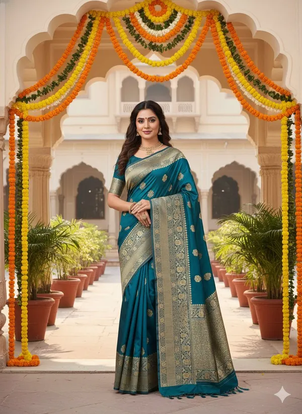 Blue_Brocade_Premium_Woven_And_Floral_Print_And_Self_Design_Banarasi_Saree_For_Women