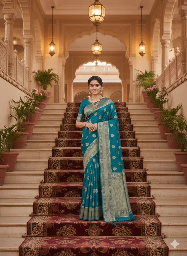 Blue_Brocade_Premium_Woven_And_Floral_Print_And_Self_Design_Banarasi_Saree_For_Women