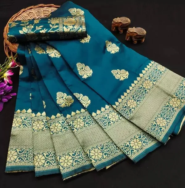 Blue_Brocade_Premium_Woven_And_Floral_Print_And_Self_Design_Banarasi_Saree_For_Women