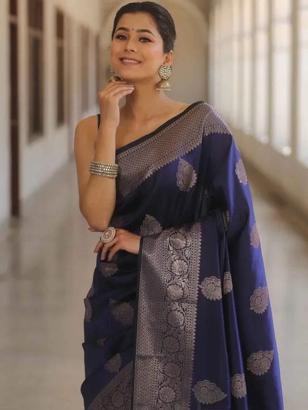 Blue_Brocade_Premium_Woven_And_Self_Design_And_Temple_Border_Banarasi_Saree_For_Women