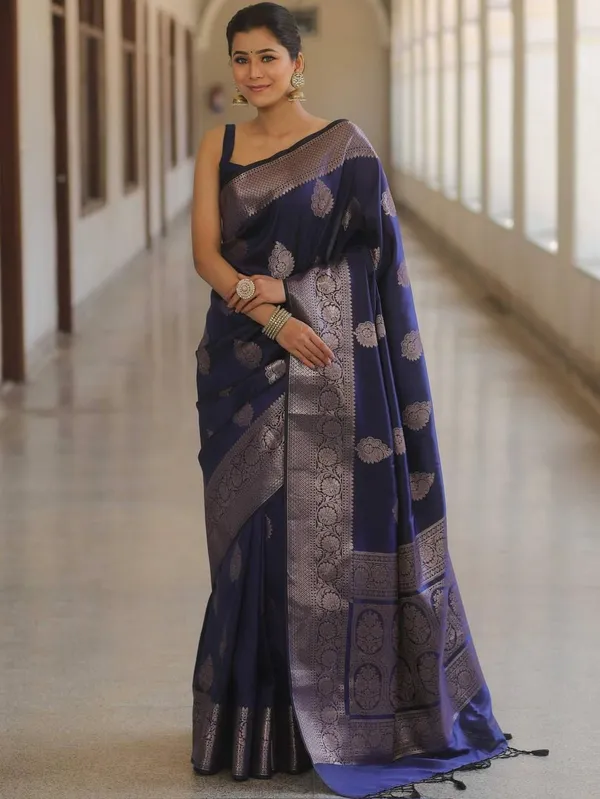 Blue_Brocade_Premium_Woven_And_Self_Design_And_Temple_Border_Banarasi_Saree_For_Women