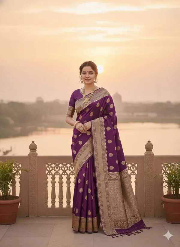 Purple_Tussar_Silk_Premium_Woven_And_Floral_Print_Banarasi_Saree_For_Women