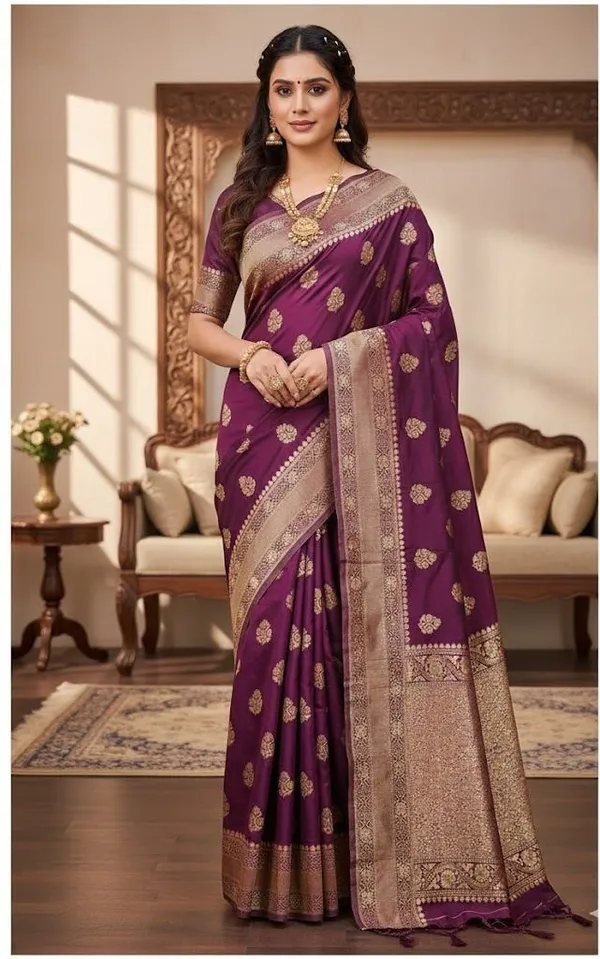 Purple_Tussar_Silk_Premium_Woven_And_Floral_Print_Banarasi_Saree_For_Women