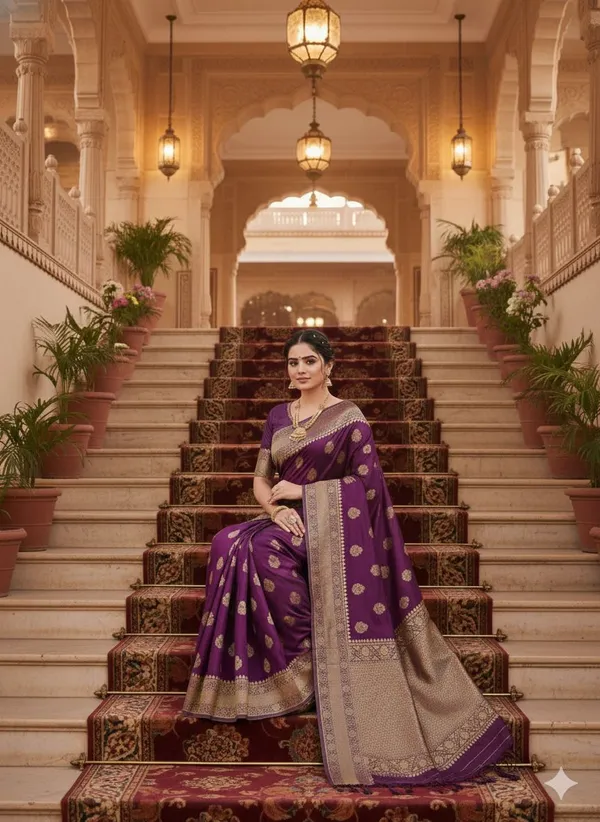 Purple_Tussar_Silk_Premium_Woven_And_Floral_Print_Banarasi_Saree_For_Women