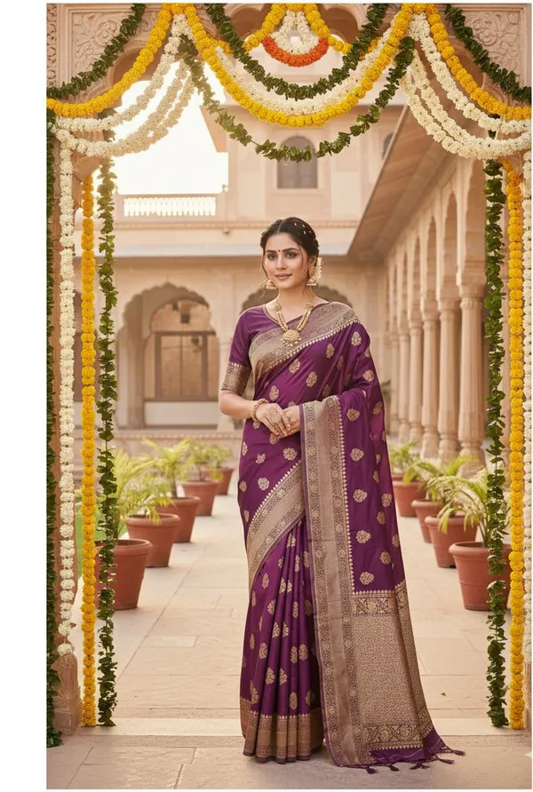 Purple_Tussar_Silk_Premium_Woven_And_Floral_Print_Banarasi_Saree_For_Women