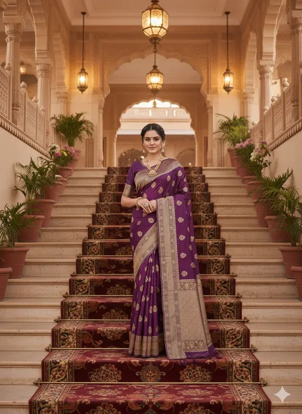 Purple_Tussar_Silk_Premium_Woven_And_Floral_Print_Banarasi_Saree_For_Women