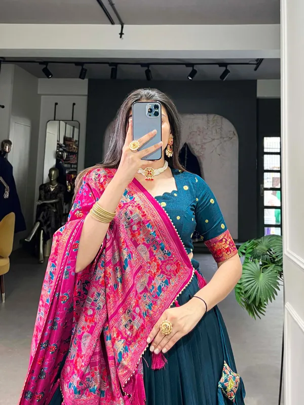 Blue_Tussar_Silk_Premium_Floral_Print_Lehenga_Choli_For_Women