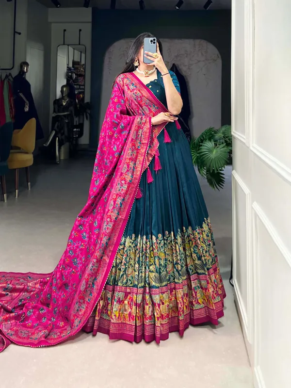 Blue_Tussar_Silk_Premium_Floral_Print_Lehenga_Choli_For_Women
