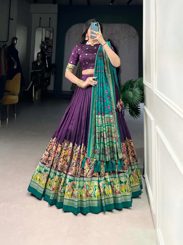 Purple_And_Dark_Green_Tussar_Silk_Premium_Floral_Print_Lehenga_Choli_For_Women