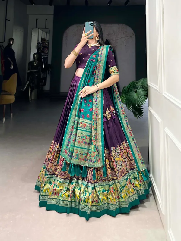 Purple_And_Dark_Green_Tussar_Silk_Premium_Floral_Print_Lehenga_Choli_For_Women