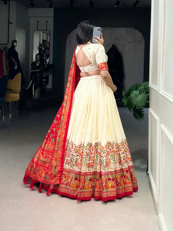White_And_Red_Tussar_Silk_Premium_Floral_Print_Lehenga_Choli_For_Women