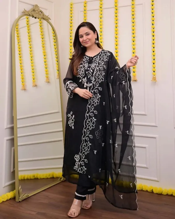 Black_Georgette_Premium_Embroidered_Kurta_Palazzo_Dupatta_Set_For_Women