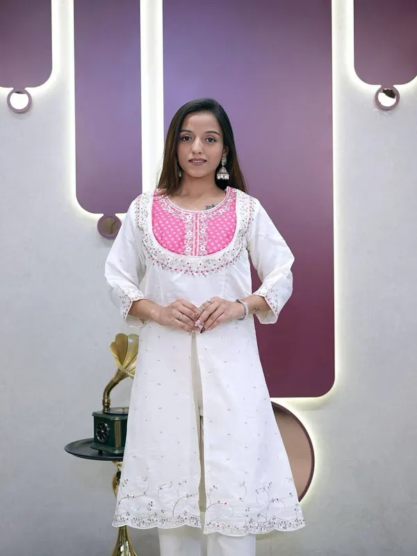 White_And_Pink_Chiffon_Premium_Embroidered_Kurta_Pyjama_Set_For_Women