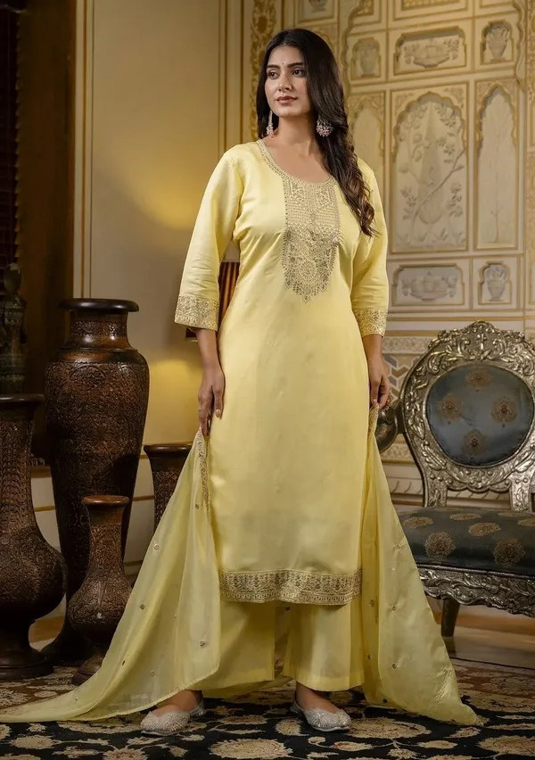 Yellow_Cotton_Silk_Premium_Embroidered_Kurta_Palazzo_Dupatta_Set_For_Women