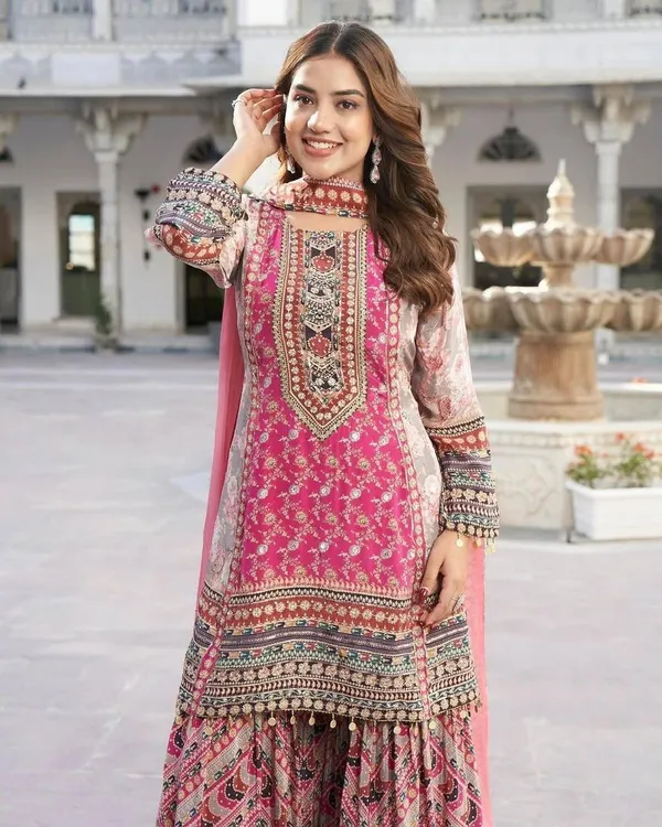 Pink_Heavy_Faux_Georgette_Premium_Graphic_Print_And_Printed_Kurta_Palazzo_Dupatta_Set_For_Women
