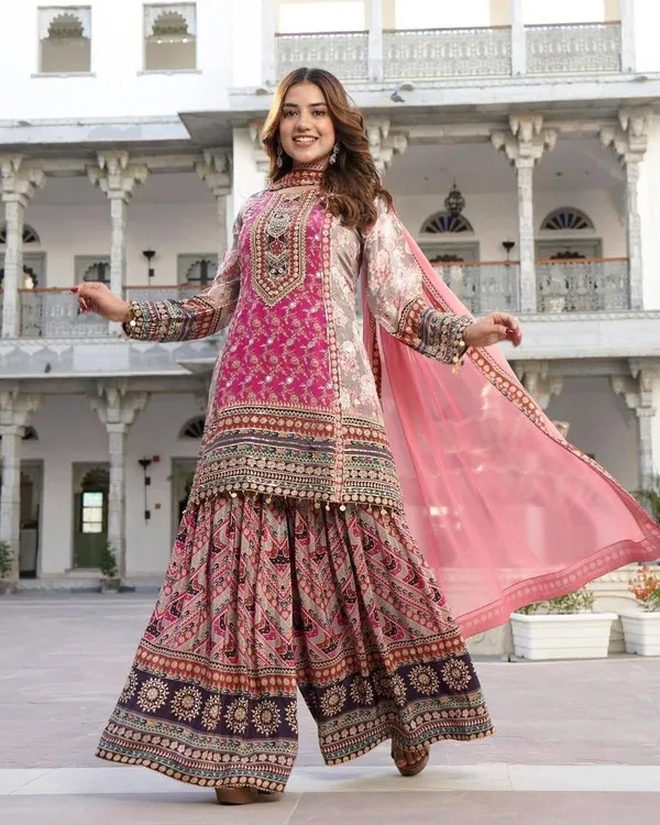 Pink_Heavy_Faux_Georgette_Premium_Graphic_Print_And_Printed_Kurta_Palazzo_Dupatta_Set_For_Women