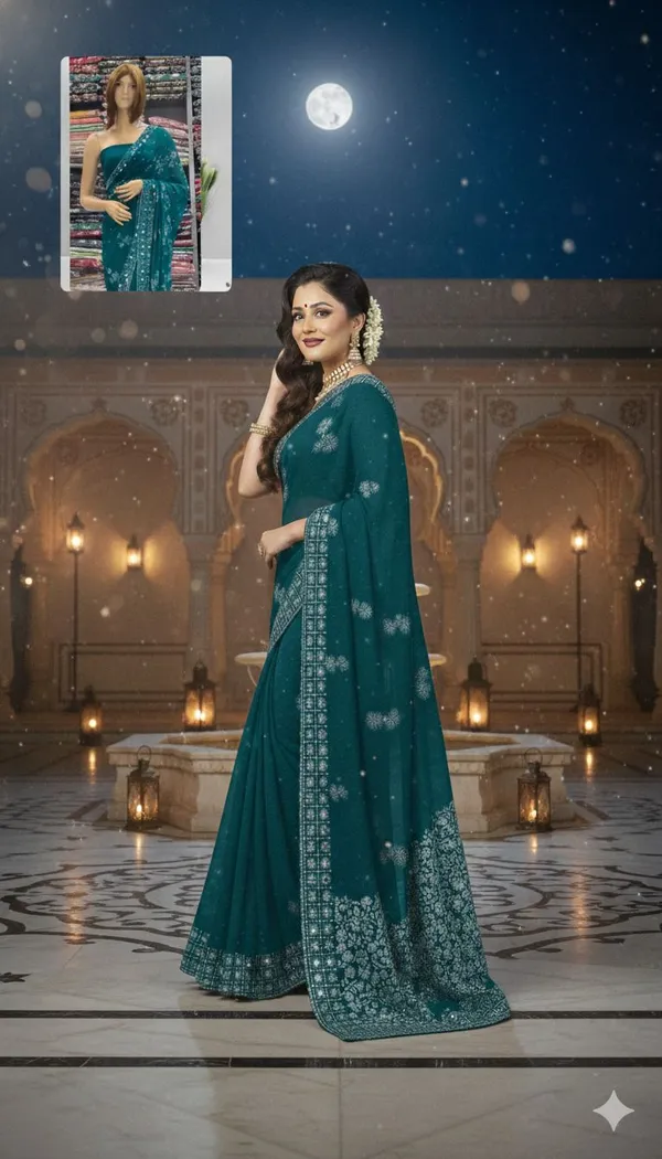 Sea_Green_Georgette_Premium_Temple_Border_And_Embroidered_Bollywood_Saree_For_Women