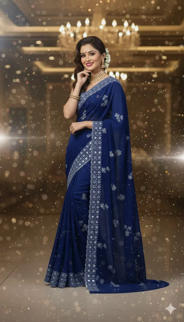 Blue_Georgette_Premium_Embellished_And_Floral_Print_And_Geometric_Print_Bollywood_Saree_For_Women