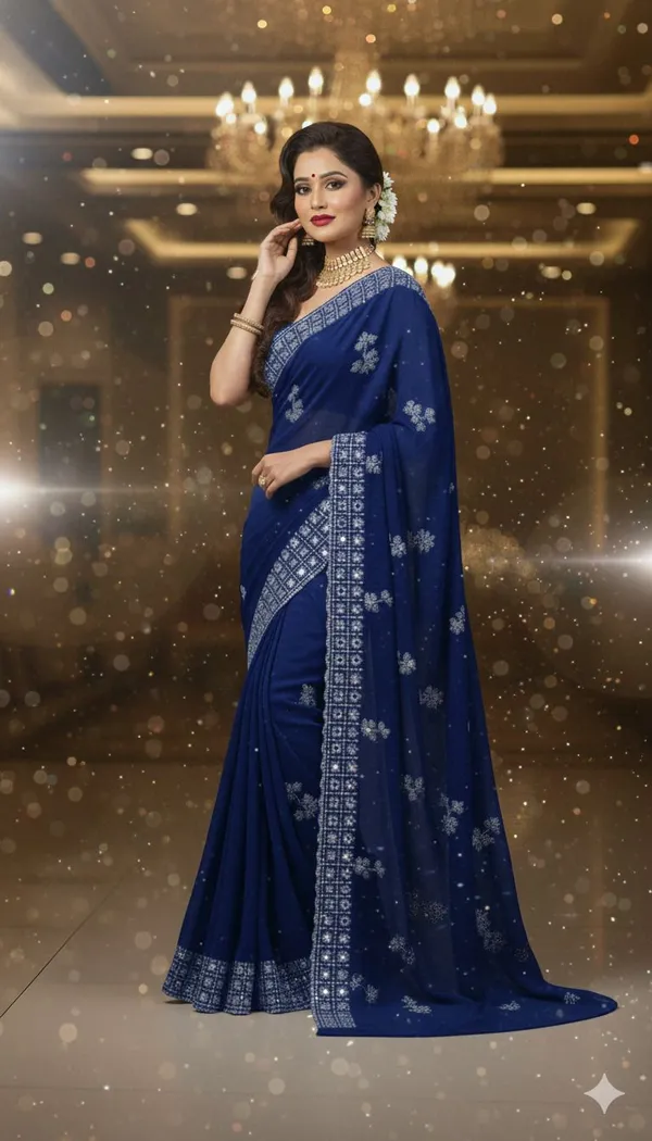 Blue_Georgette_Premium_Embellished_And_Floral_Print_And_Geometric_Print_Bollywood_Saree_For_Women