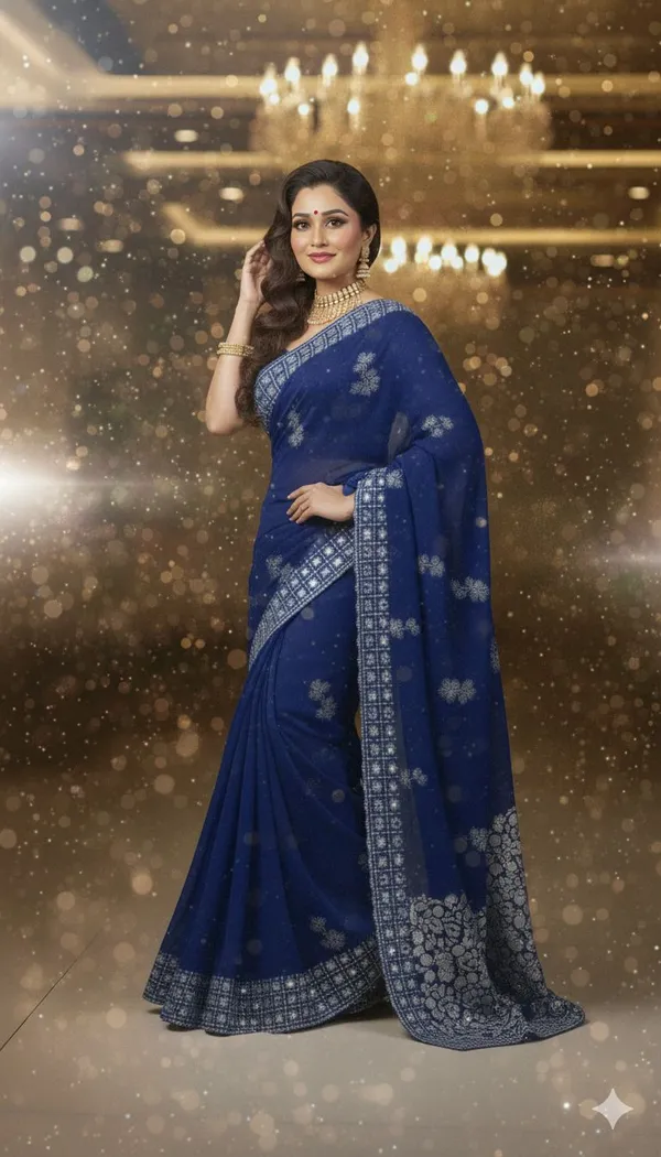 Blue_Georgette_Premium_Embellished_And_Floral_Print_And_Geometric_Print_Bollywood_Saree_For_Women