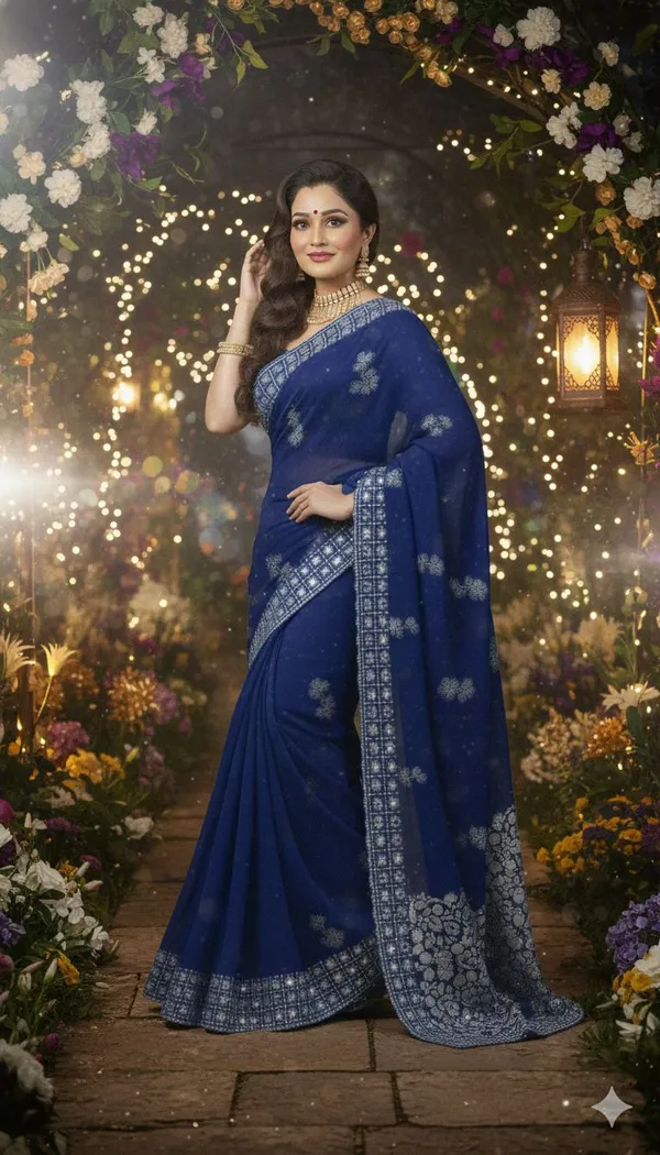 Blue_Georgette_Premium_Embellished_And_Floral_Print_And_Geometric_Print_Bollywood_Saree_For_Women