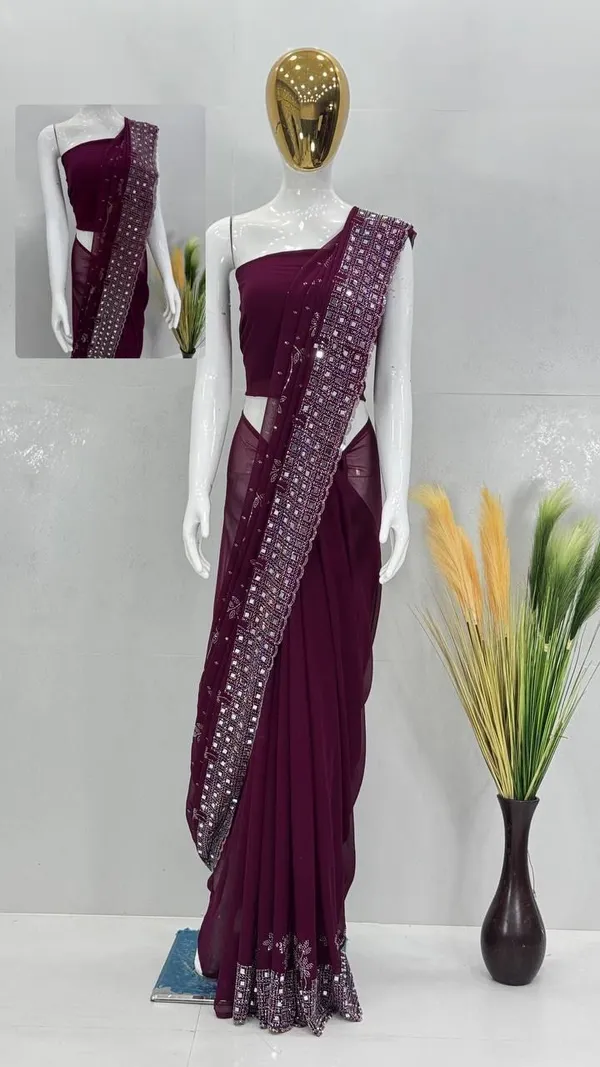 Purple_Georgette_Premium_Floral_Print_And_Geometric_Print_And_Embellished_And_Printed_Bollywood_Saree_For_Women