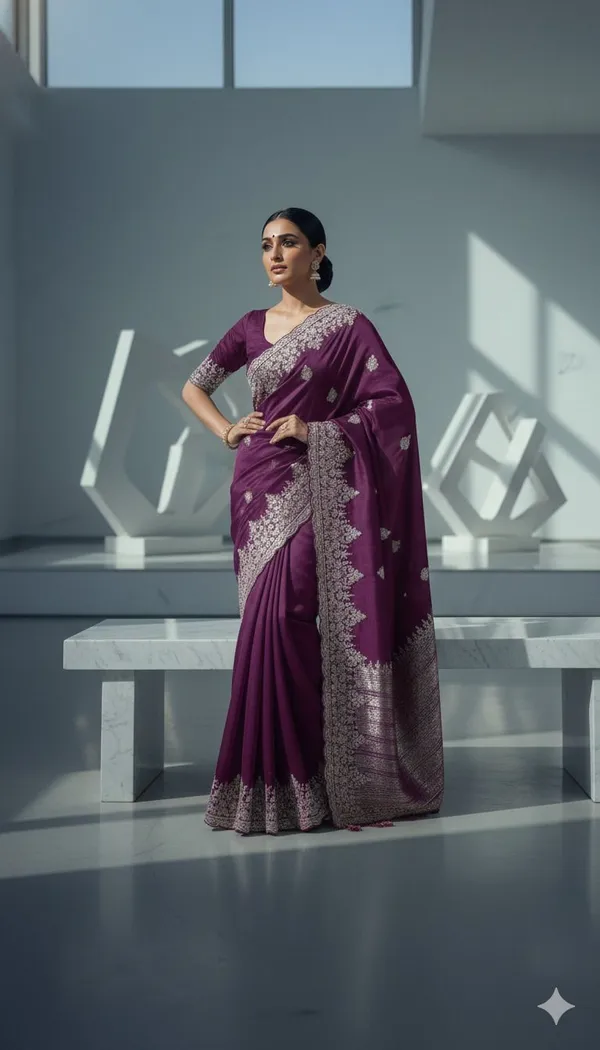 Purple_Georgette_Premium_Floral_Print_And_Geometric_Print_And_Embellished_And_Printed_Bollywood_Saree_For_Women