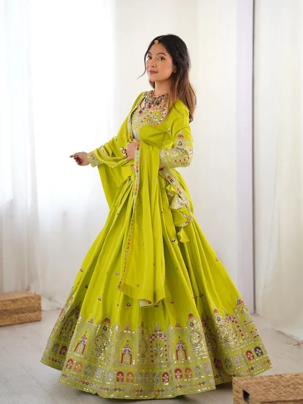 Yellow_And_Light_Green_Chiffon_Premium_Embroidered_Lehenga_Choli_For_Women
